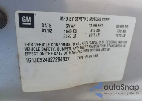 2002 Chevrolet Cavalier из США, поврежденный, VIN 1G1JC524927284837